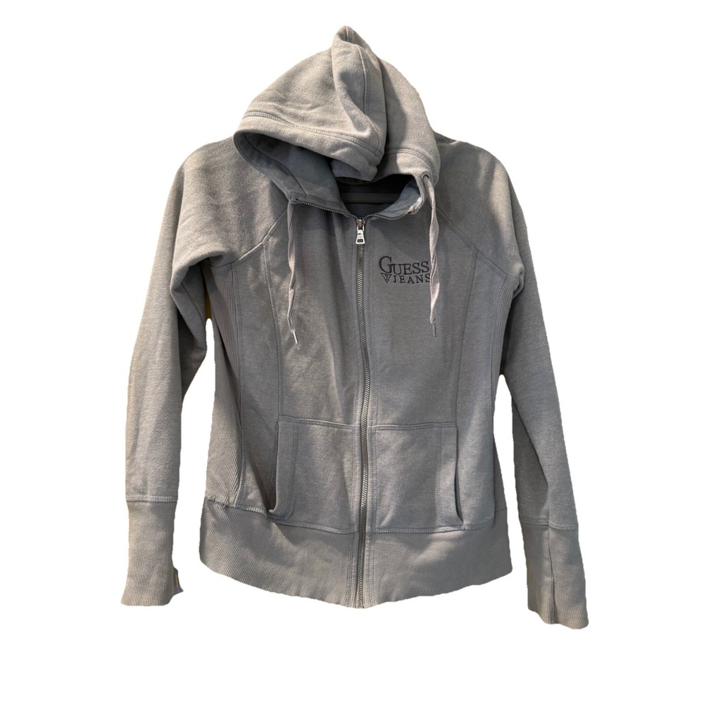 Guess Size M Women Hoodie Full Zip Long Sleeve‎ Gray Pockets